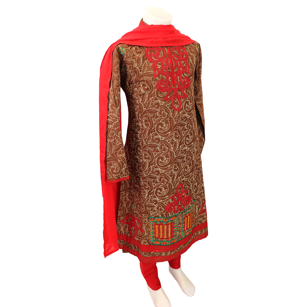 Girls Brown Embroidered Cotton Suit with Red Dupatta, Girls-039