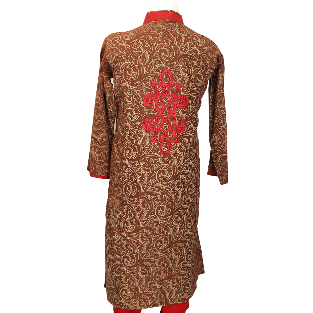 Girls Brown Embroidered Cotton Suit with Red Dupatta, Girls-039