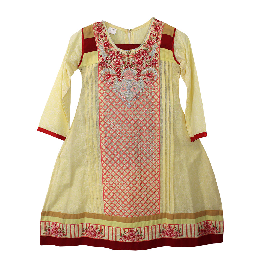 Girls Pale Yellow Embroidered Cotton Frock with Red Trim, Girls-038
