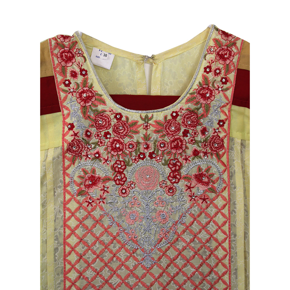 Girls Pale Yellow Embroidered Cotton Frock with Red Trim, Girls-038