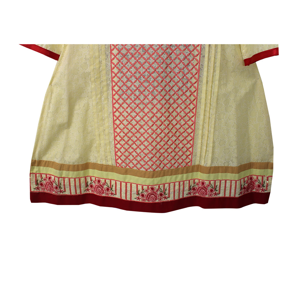 Girls Pale Yellow Embroidered Cotton Frock with Red Trim, Girls-038