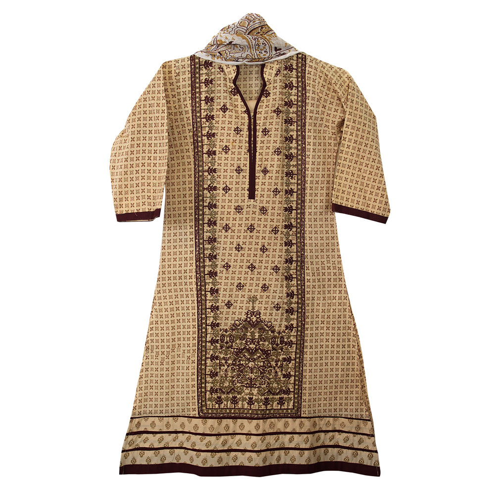 Girls Beige Printed Cotton Suit with Chiffon Dupatta, Girls-037