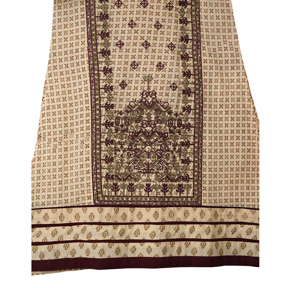 Girls Beige Printed Cotton Suit with Chiffon Dupatta, Girls-037