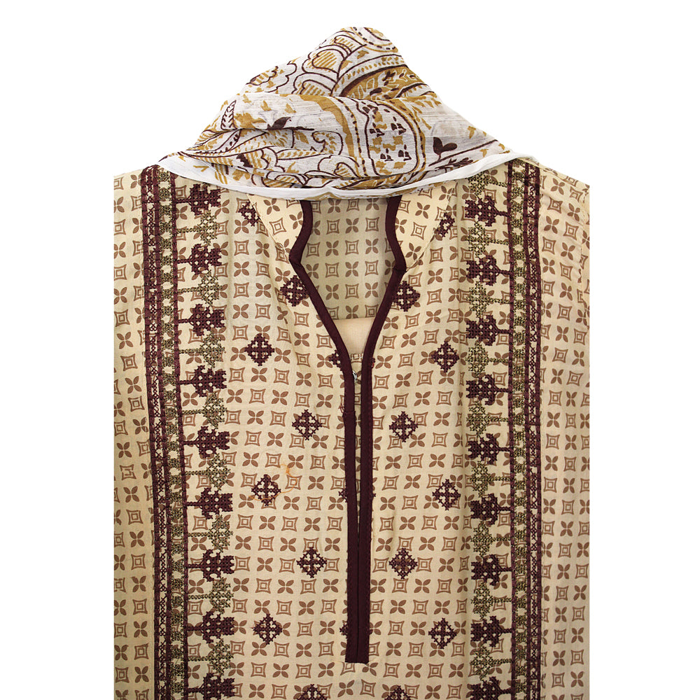 Girls Beige Printed Cotton Suit with Chiffon Dupatta, Girls-037