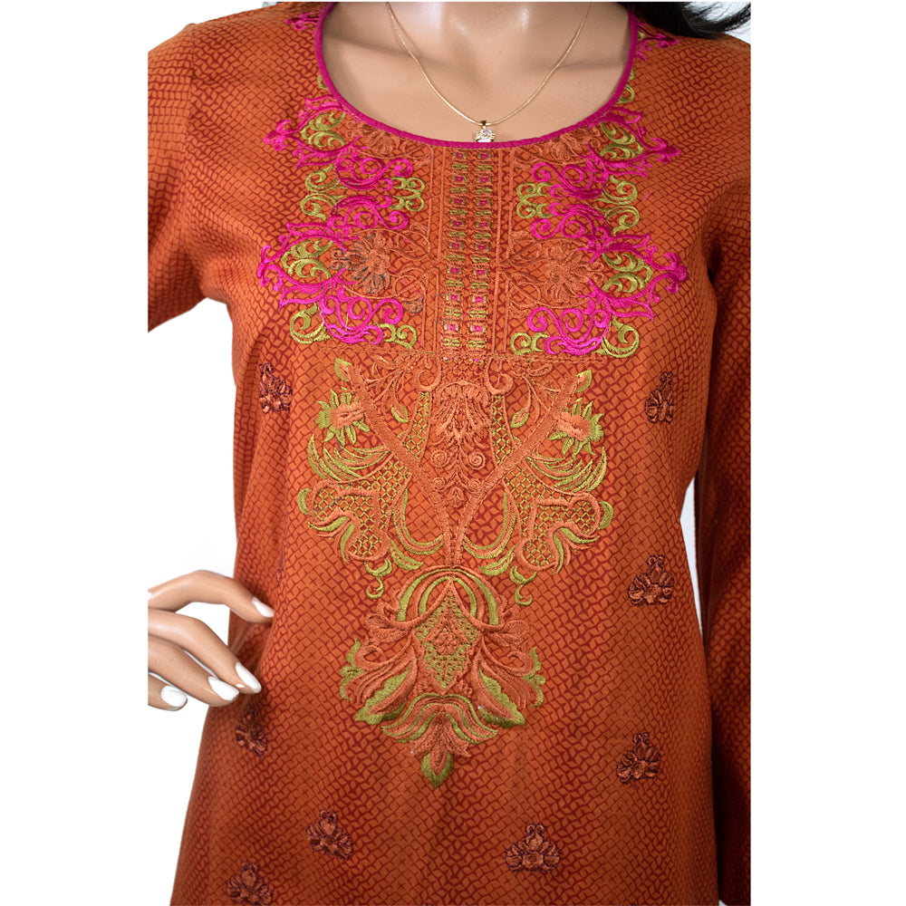 Rust Orange Embroidered Lawn 3 Piece Suit with Chiffon Dupatta CD-132