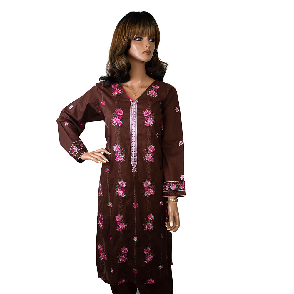 Brown Lawn 3 Piece Suit with Pink Floral Embroidery and Chiffon Dupatta CD-124