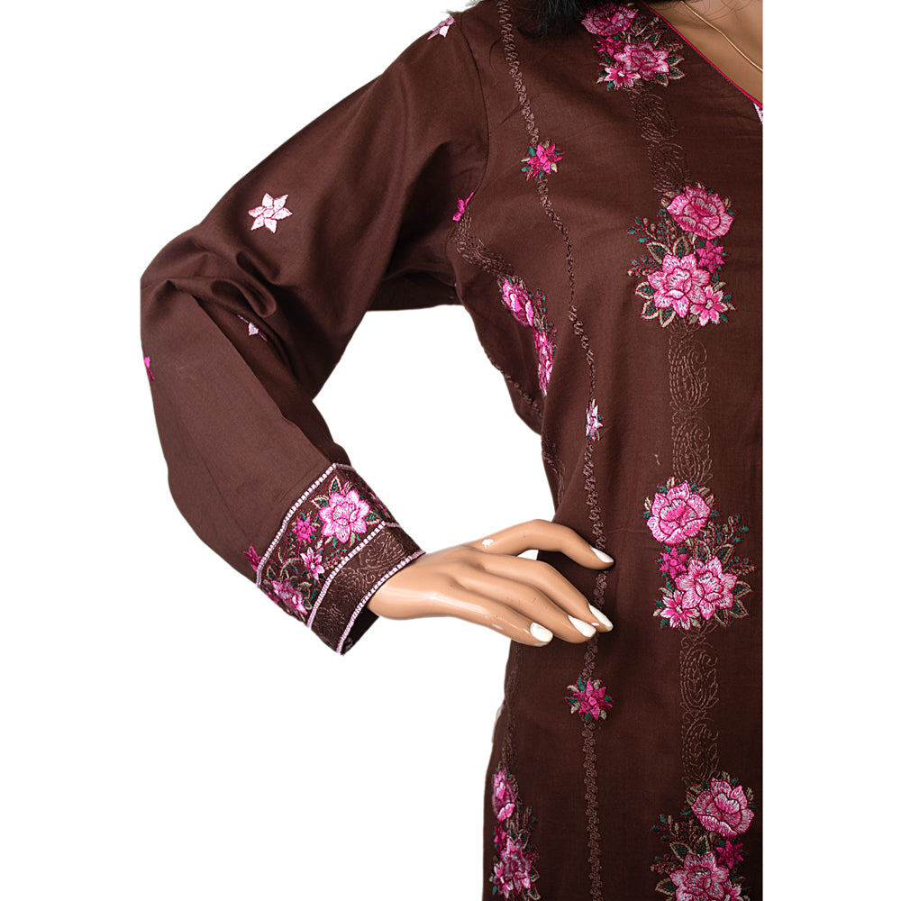 Brown Lawn 3 Piece Suit with Pink Floral Embroidery and Chiffon Dupatta CD-124
