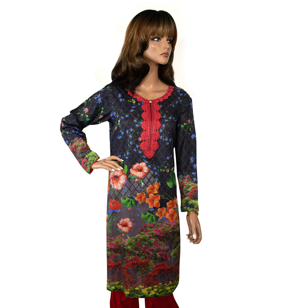 Navy Floral Print Lawn 3 Piece Suit with Red Trouser and Chiffon Dupatta CD-126
