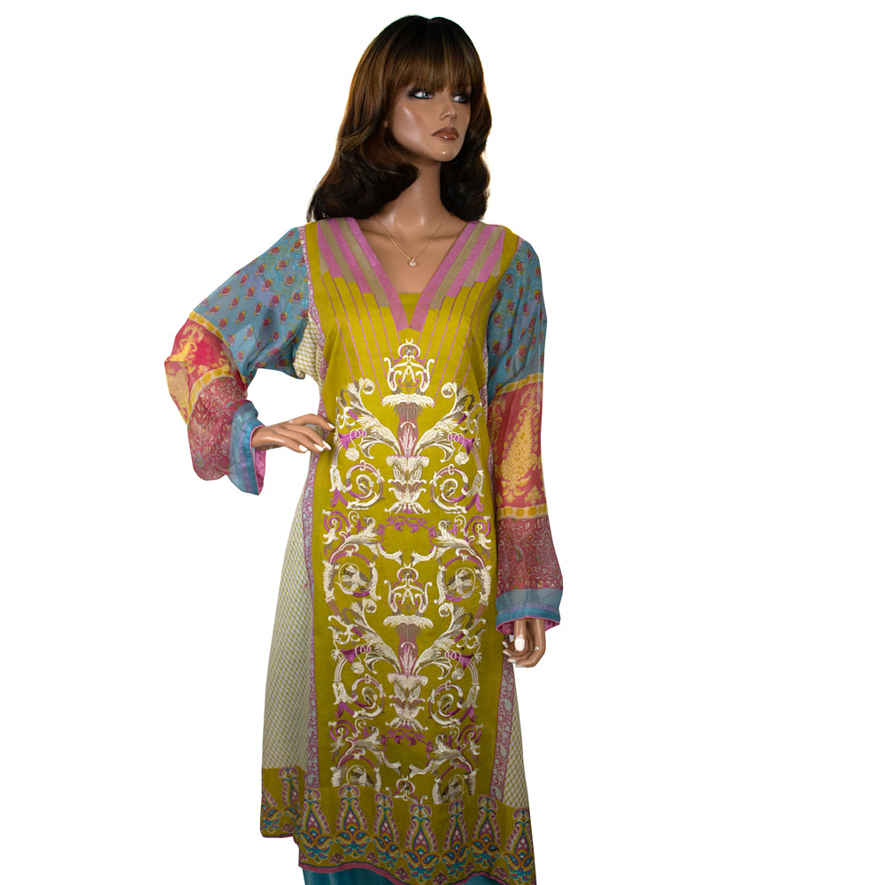 Lime Green Embroidered Lawn Suit with Printed Chiffon Dupatta, CD-157
