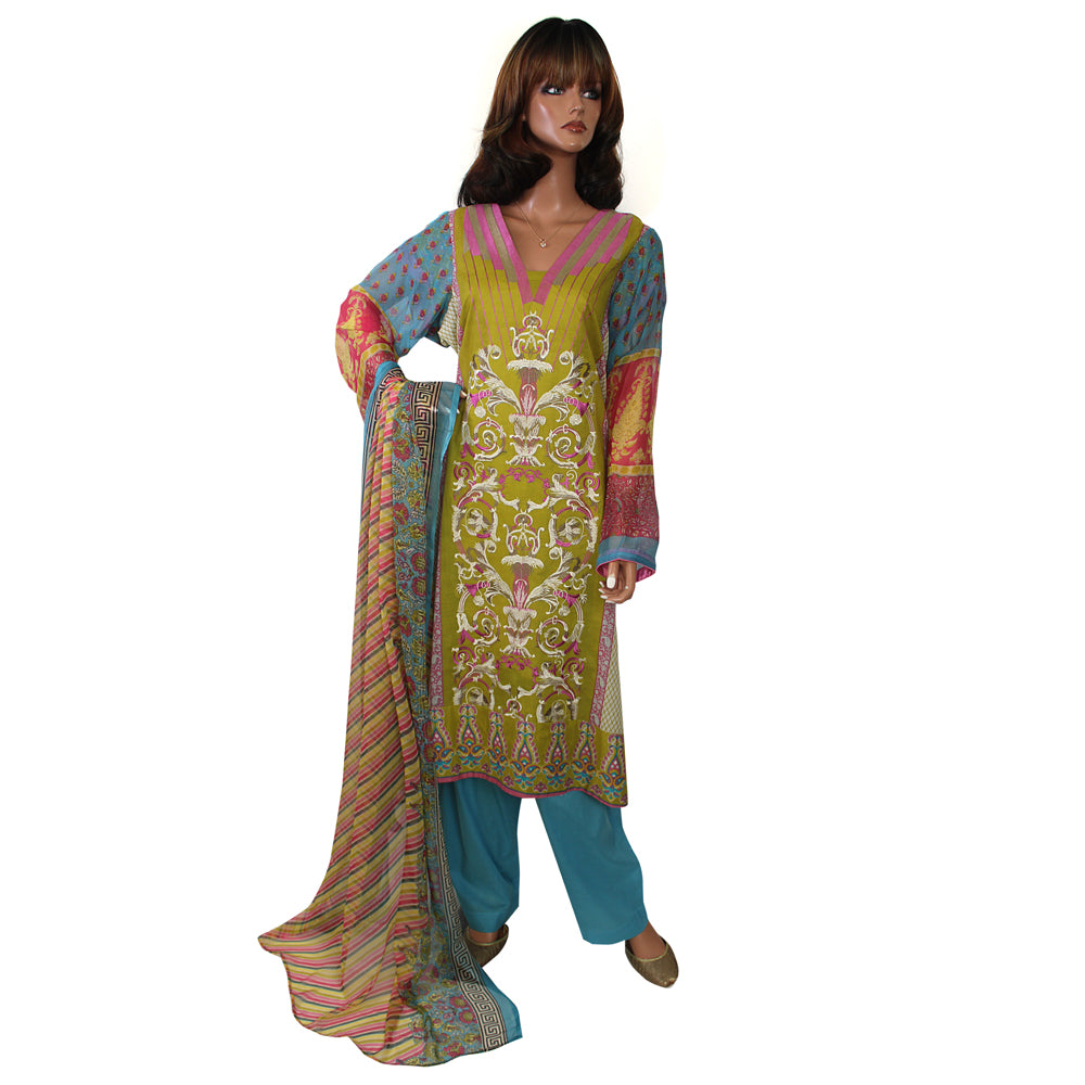 Lime Green Embroidered Lawn Suit with Printed Chiffon Dupatta, CD-157