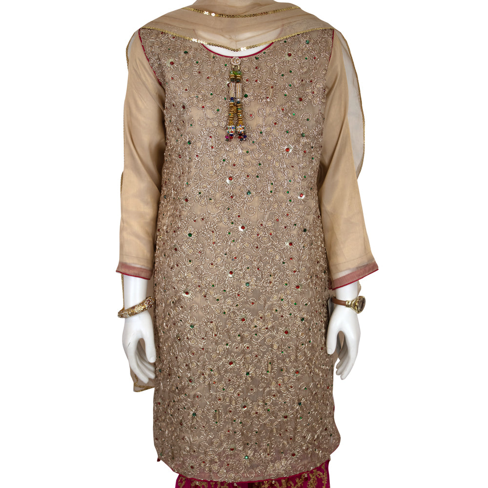 Girls Gold and Magenta Tissue Organza Suit with Chiffon Gharara, Girls-003