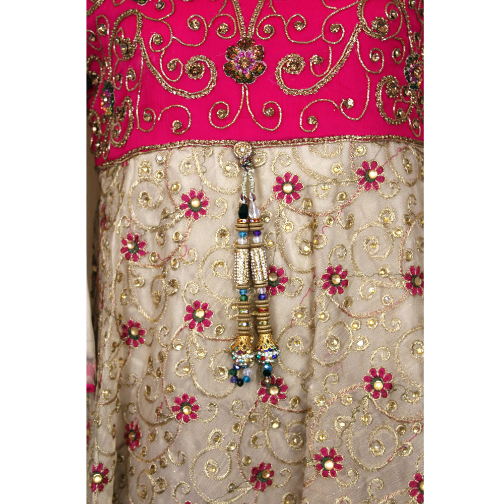 Girls Pink and Gold Tissue Organza Suit with Net and Malai Silk Gharara, Girls-002
