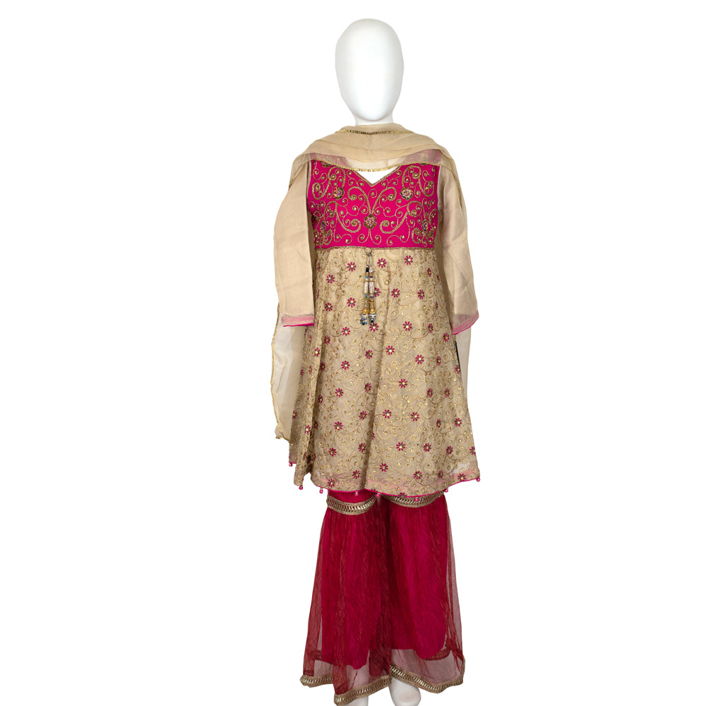 Girls Pink and Gold Tissue Organza Suit with Net and Malai Silk Gharara, Girls-002