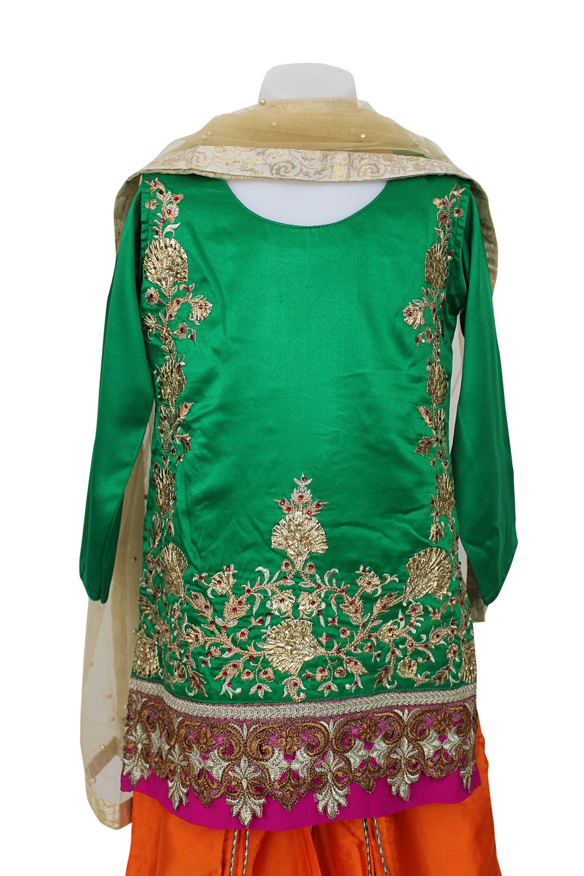 Girls Green and Orange Silk Satin Gharara Suit with Pearl and Gotta Work, Girls-001