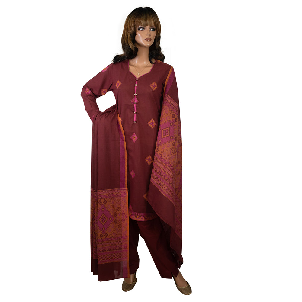 Maroon Banarsi Lawn 3 Piece Suit with Woven Motifs, CD-163