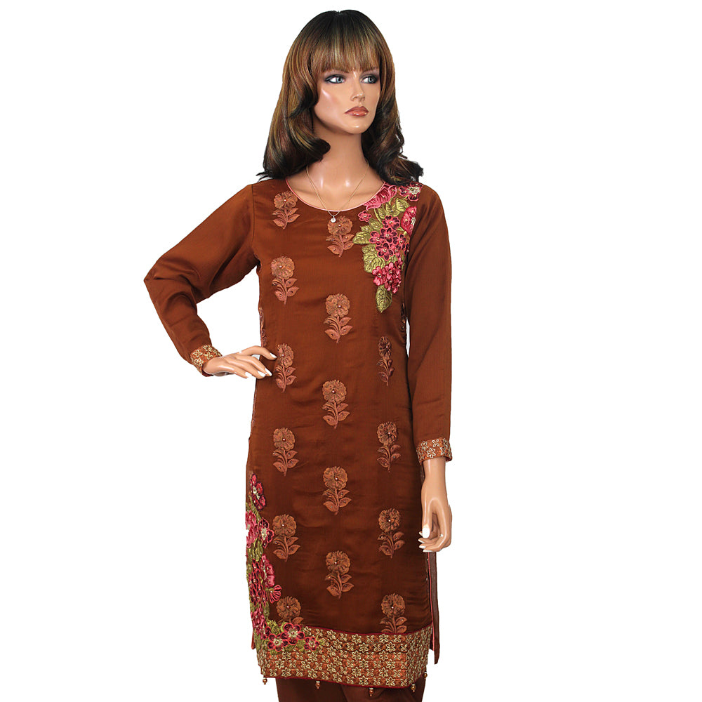 Tawakkal Brown Embroidered Chiffon Suit with Stone Work and Viscose Trouser KF-105