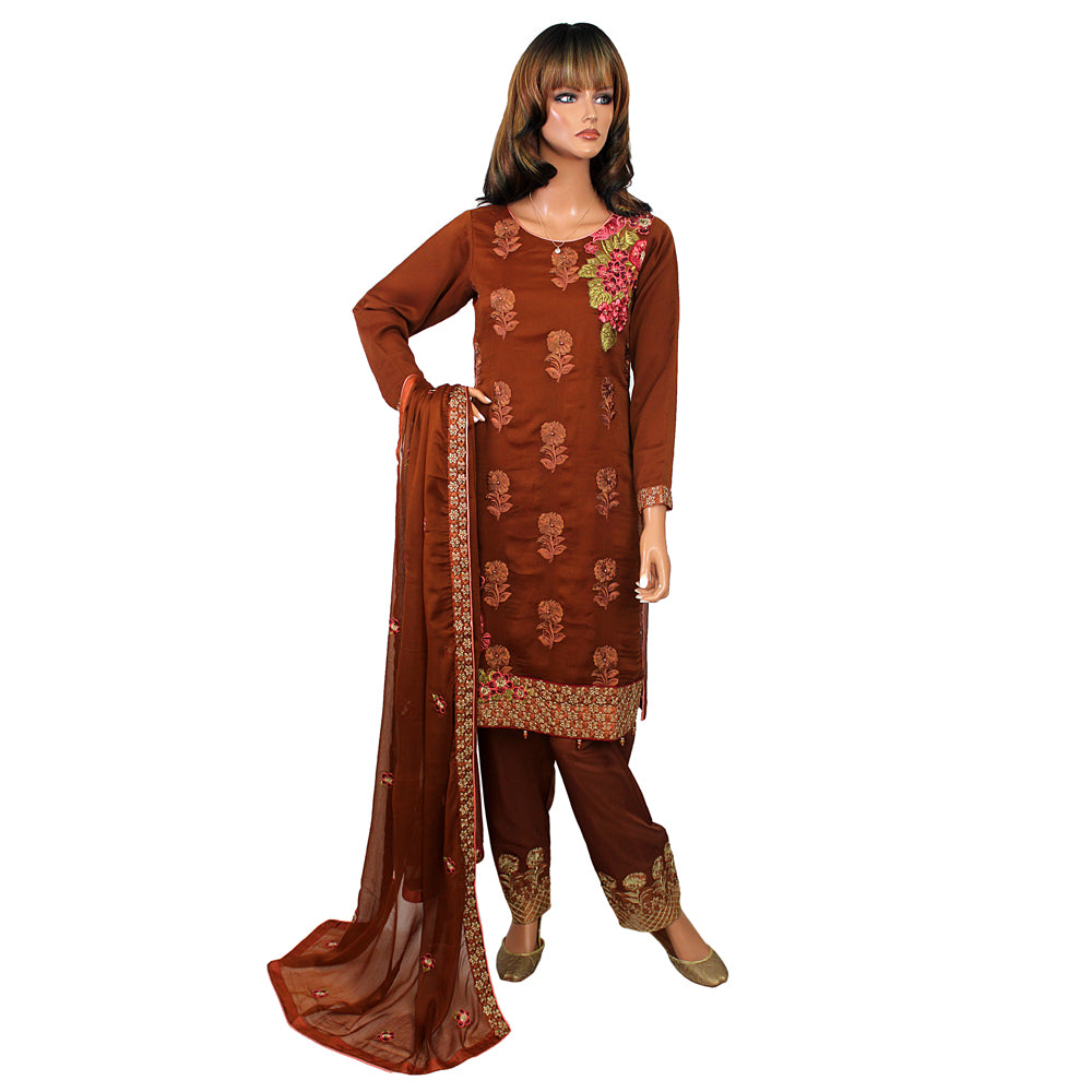 Tawakkal Brown Embroidered Chiffon Suit with Stone Work and Viscose Trouser KF-105