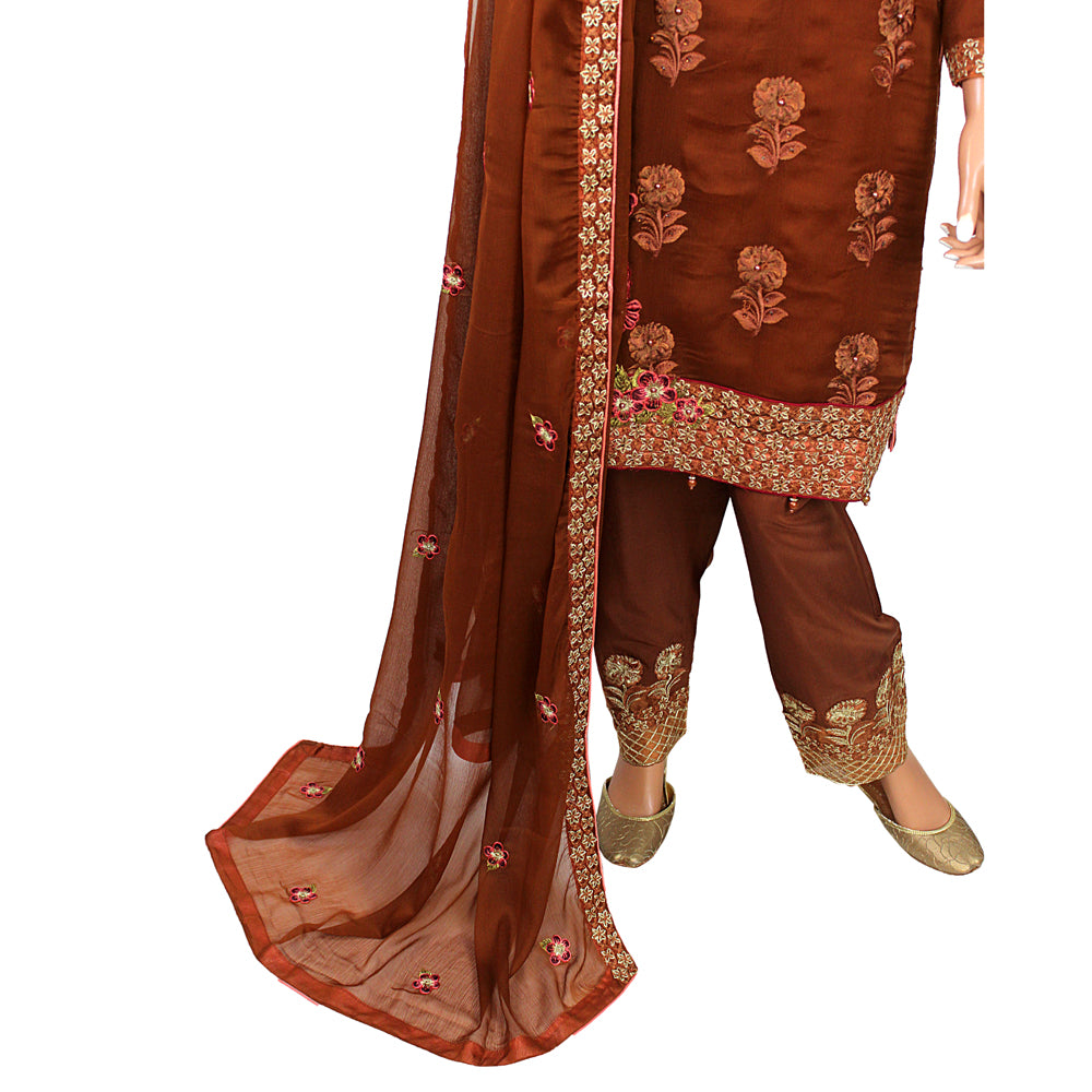 Tawakkal Brown Embroidered Chiffon Suit with Stone Work and Viscose Trouser KF-105