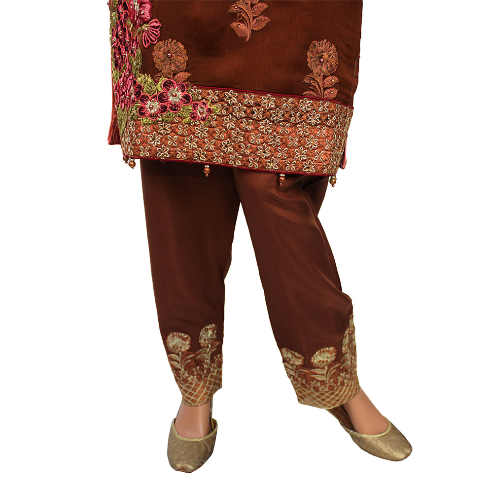 Tawakkal Brown Embroidered Chiffon Suit with Stone Work and Viscose Trouser KF-105