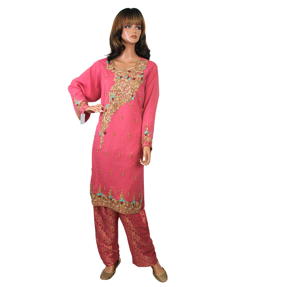 Pink Hand Work Pure Chiffon Suit with Banarsi Jamawar Trouser KF-086