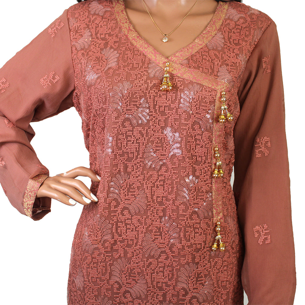 Rose Brown Pure Fancy Chiffon Suit with Silk Trouser KF-090