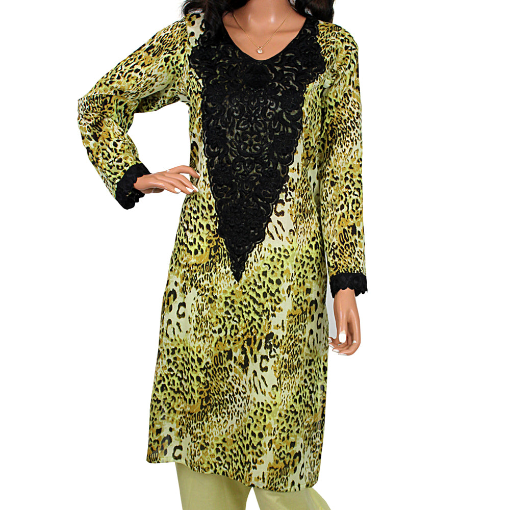 Lime Green Cheetah Print Lawn 3 Piece Suit with Chiffon Dupatta CD-135