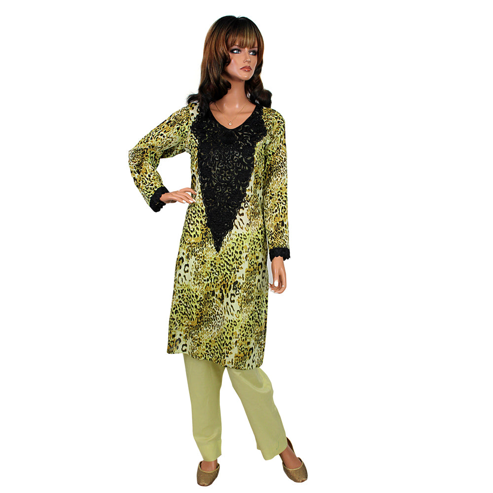 Lime Green Cheetah Print Lawn 3 Piece Suit with Chiffon Dupatta CD-135