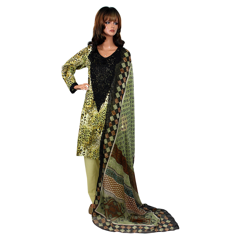 Lime Green Cheetah Print Lawn 3 Piece Suit with Chiffon Dupatta CD-135