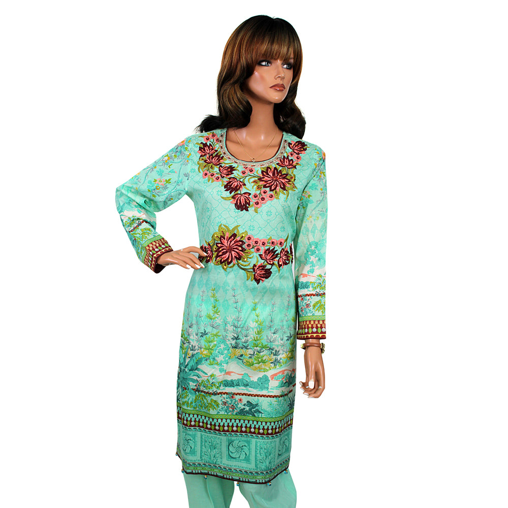 Tawakkal Aqua Green Floral Print Lawn 3 Piece Suit with Hanging Beads CD-137