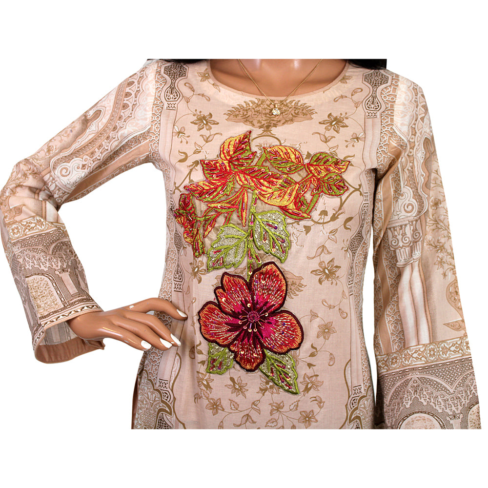 Tawakkal Beige Hand Work Lawn Suit with Palazzo and Chiffon Dupatta CD-138