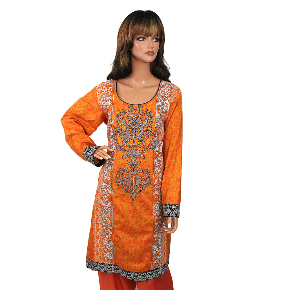 Orange Embroidered Lawn 3 Piece Suit with Ikat Dupatta, CD-143