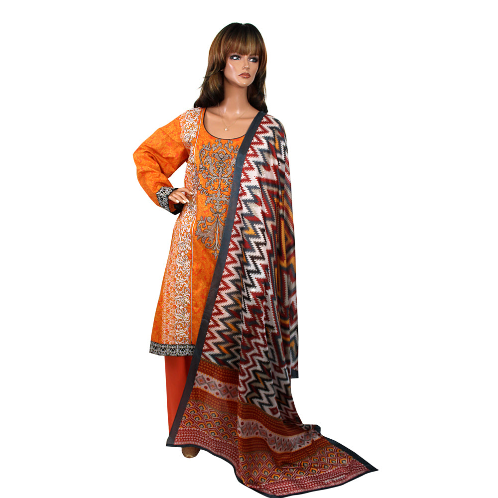 Orange Embroidered Lawn 3 Piece Suit with Ikat Dupatta, CD-143