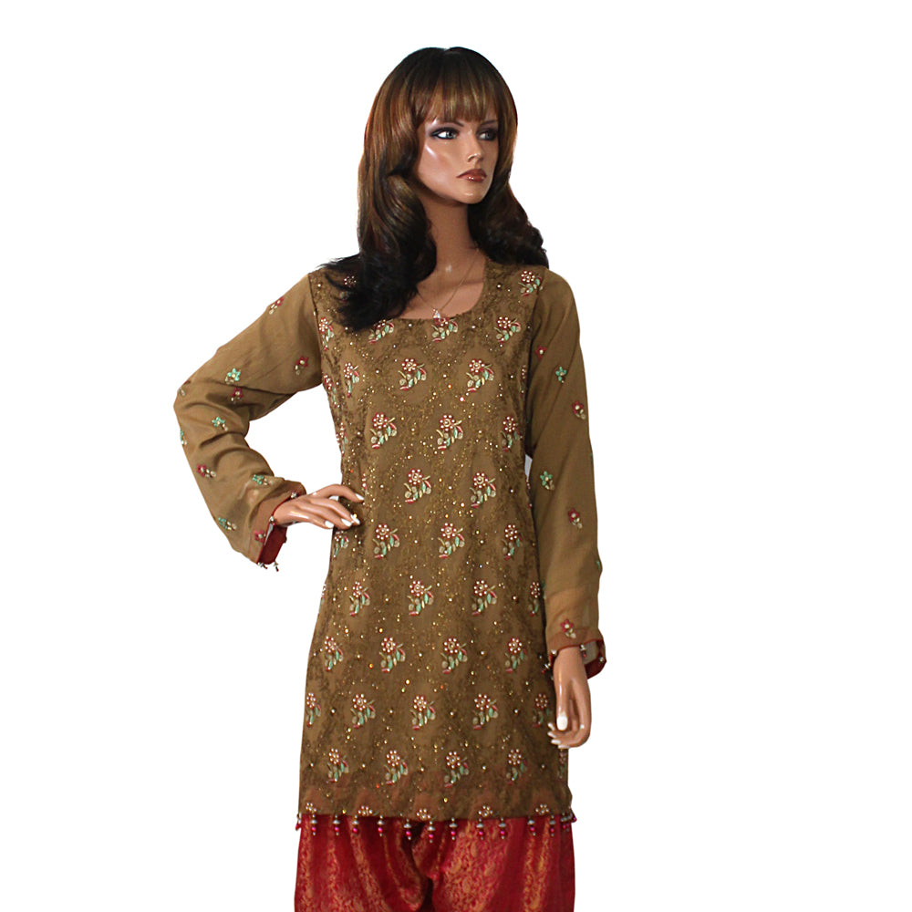 Mehndi Green Fancy Chiffon Suit with Banarsi Jamawar Gharara in Pink, Gharara-030