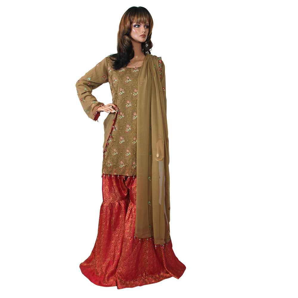 Mehndi Green Fancy Chiffon Suit with Banarsi Jamawar Gharara in Pink, Gharara-030