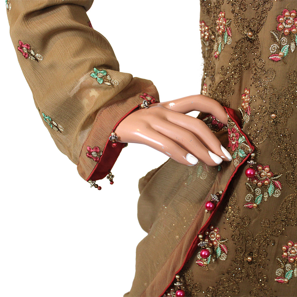 Mehndi Green Fancy Chiffon Suit with Banarsi Jamawar Gharara in Pink, Gharara-030