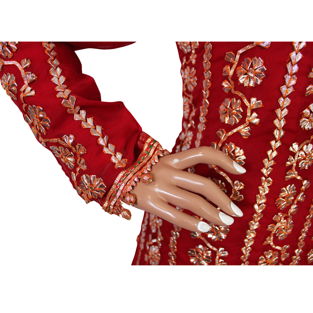 Red Three Frill Pure Chiffon Party Lehenga with Hand Gotta Work, Lehnga-012