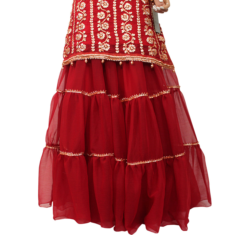 Red Three Frill Pure Chiffon Party Lehenga with Hand Gotta Work, Lehnga-012