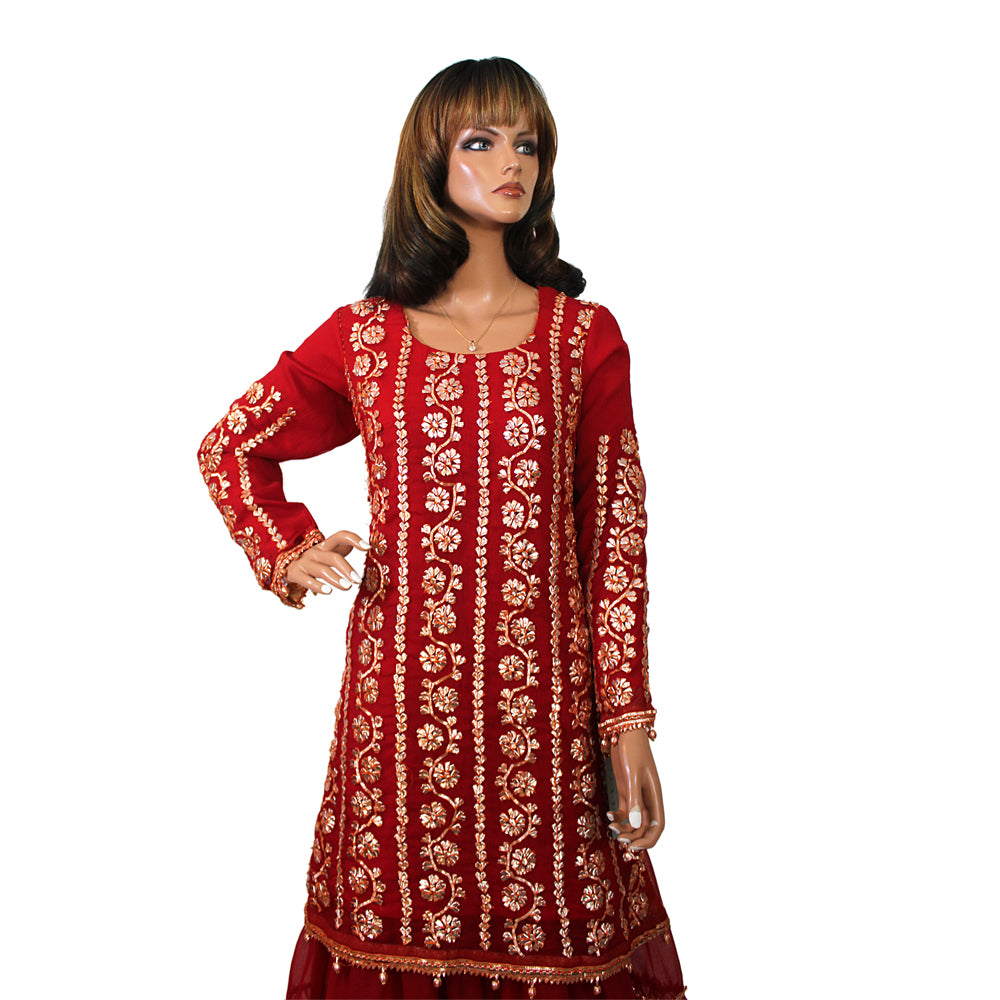 Red Three Frill Pure Chiffon Party Lehenga with Hand Gotta Work, Lehnga-012