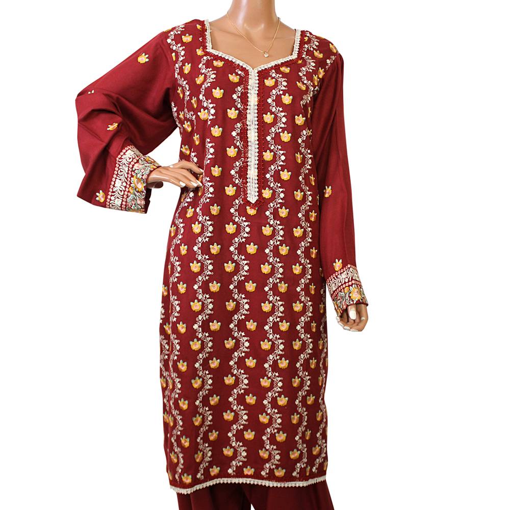 Maroon Embroidered Linen 3 Piece Suit with Lace Work, CD-172