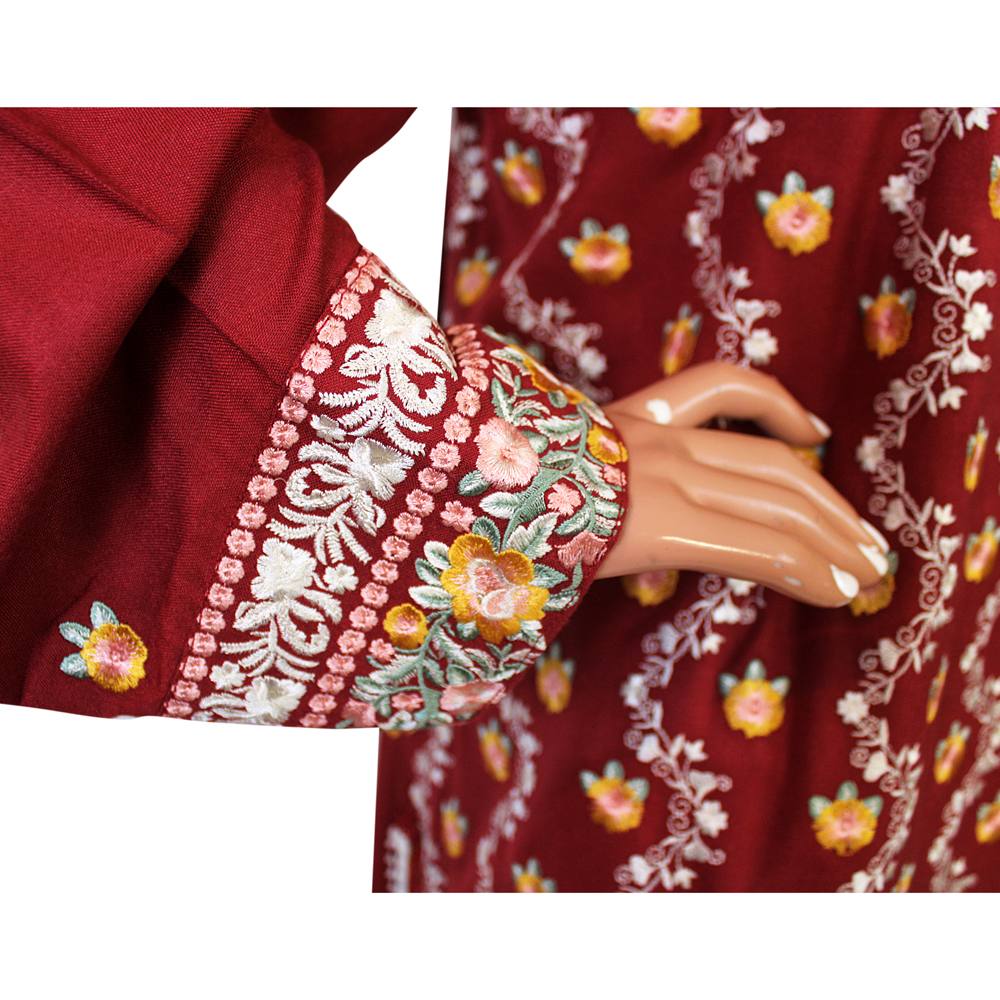 Maroon Embroidered Linen 3 Piece Suit with Lace Work, CD-172