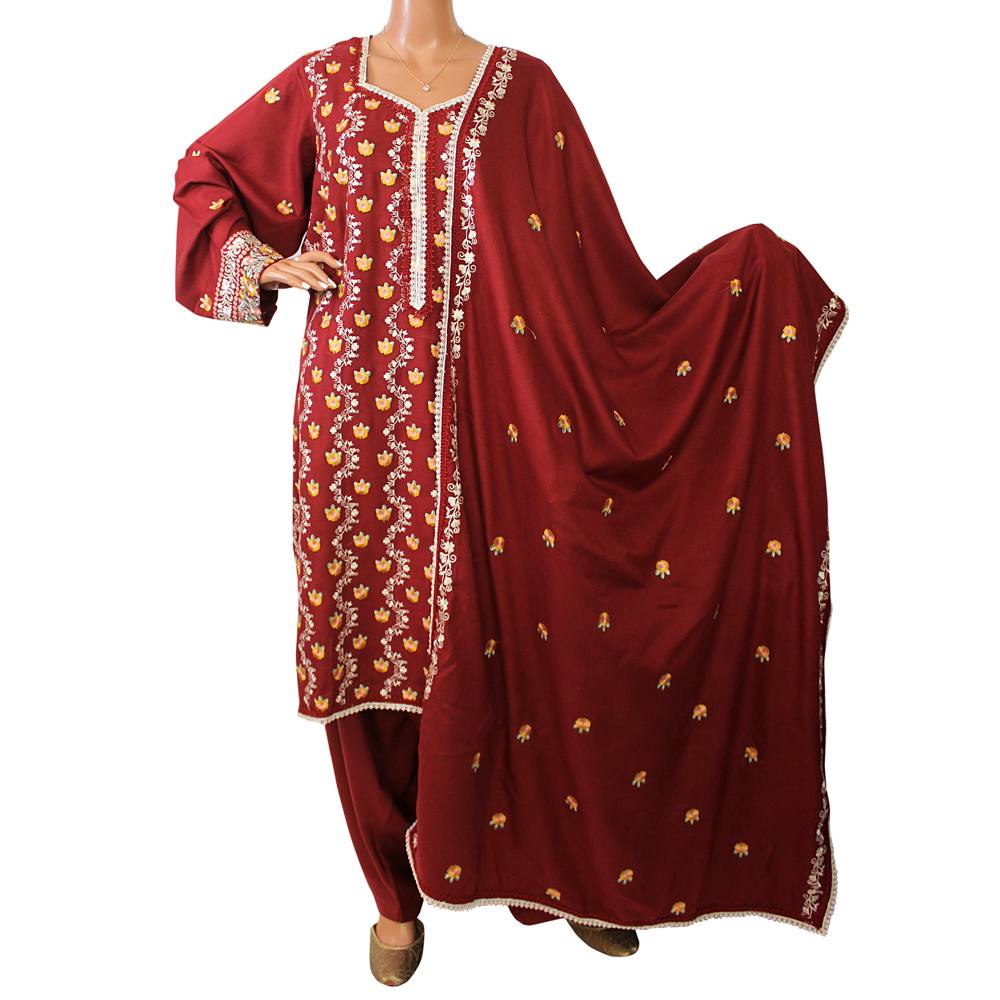 Maroon Embroidered Linen 3 Piece Suit with Lace Work, CD-172