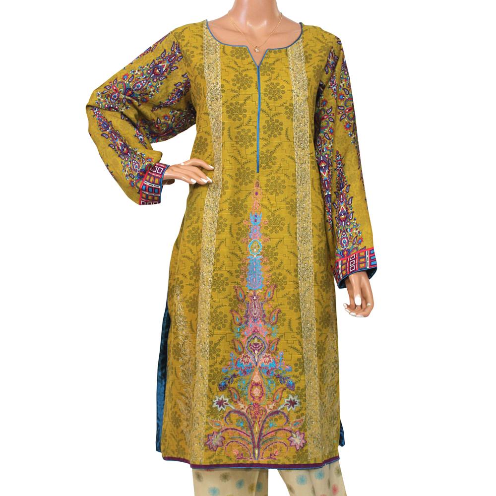 Mustard Printed Khaddar 3 Piece Suit with Paisley Dupatta, CD-175