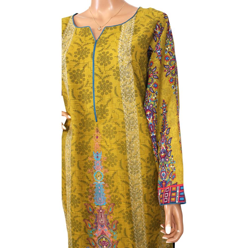 Mustard Printed Khaddar 3 Piece Suit with Paisley Dupatta, CD-175