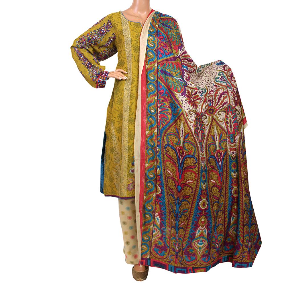 Mustard Printed Khaddar 3 Piece Suit with Paisley Dupatta, CD-175