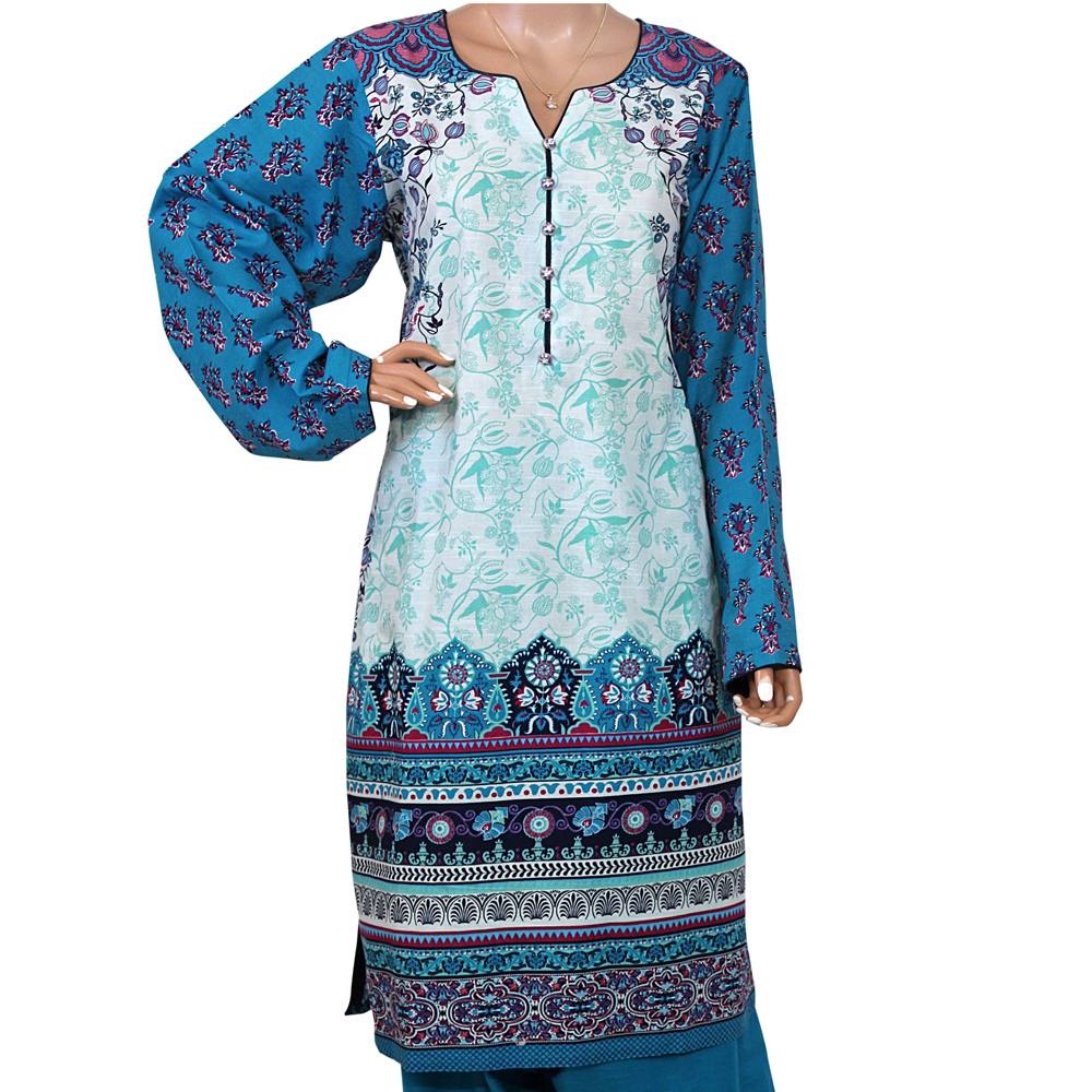 Blue and Green Printed Khaddar Suit with Woolen Linen Dupatta, CD-183