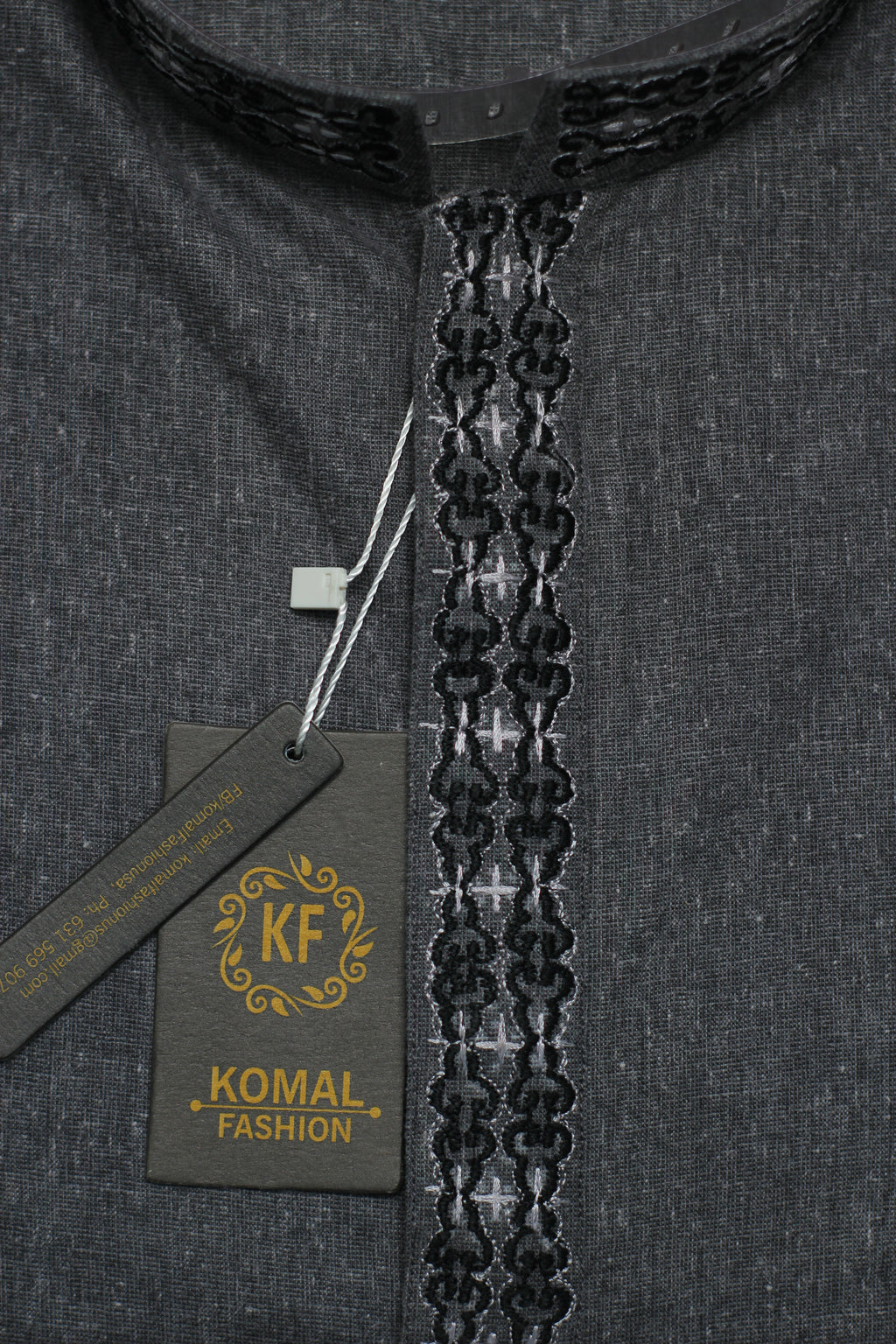 Men's Charcoal Grey Shalwar Kameez with Embroidered Placket K0128