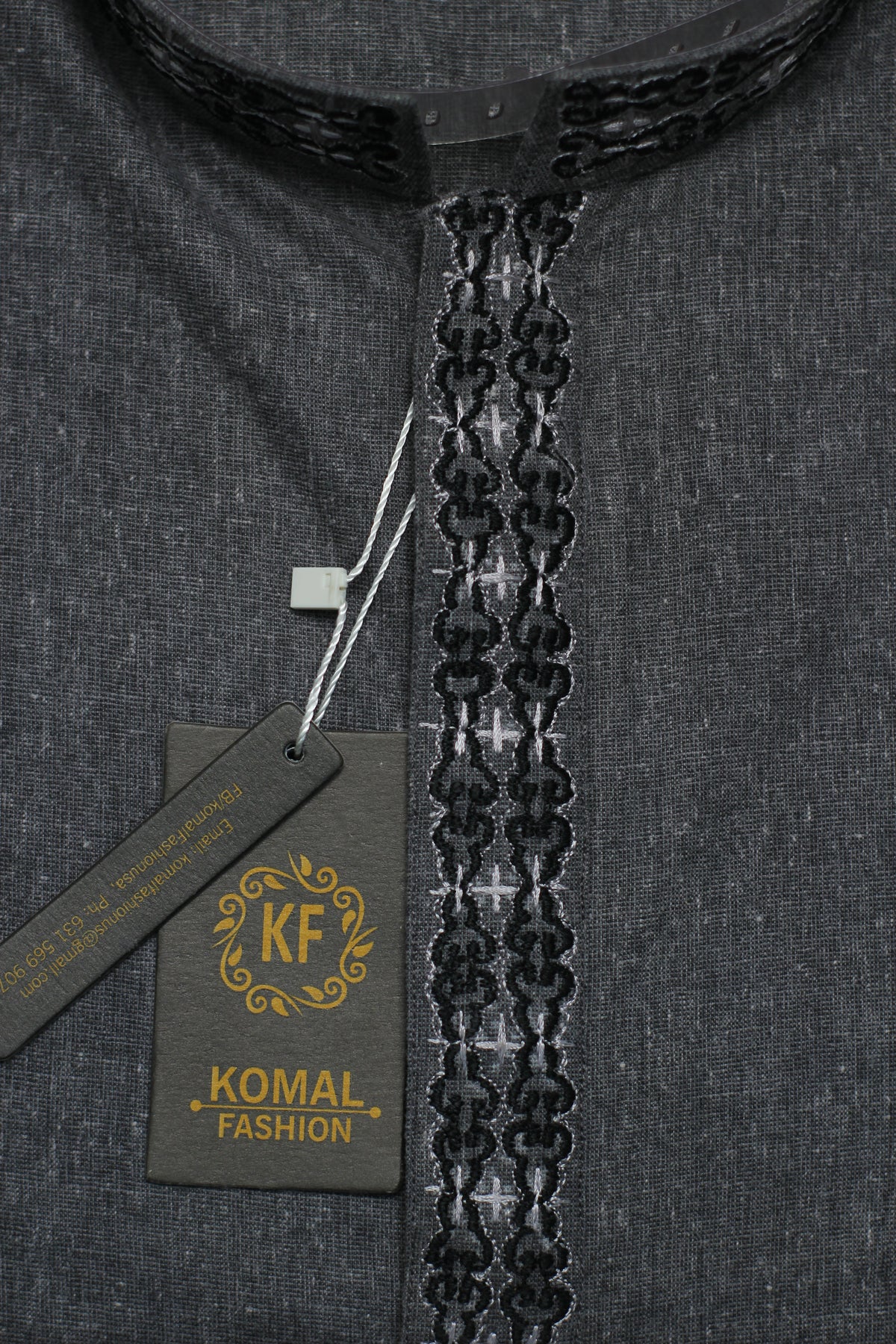 Men's Charcoal Grey Shalwar Kameez with Embroidered Placket K0128