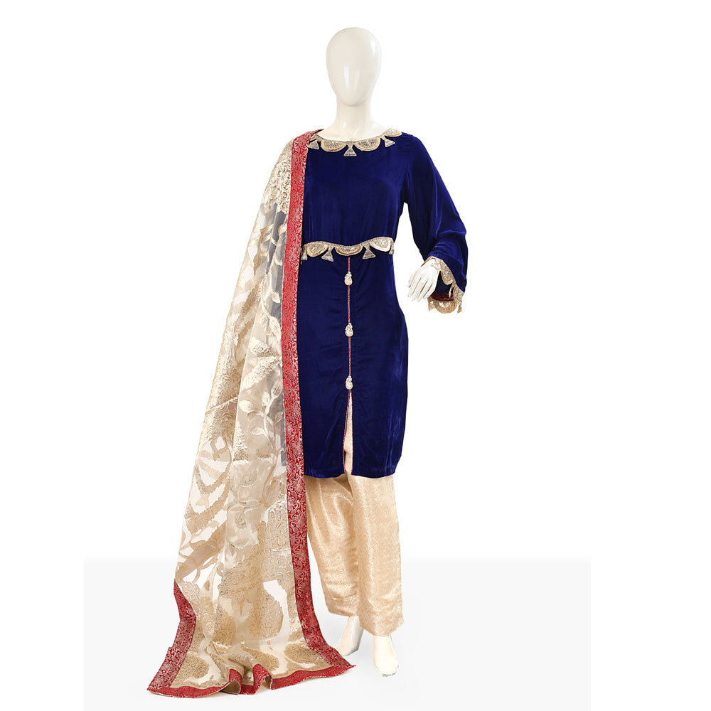 Royal Blue Velvet Suit with Banarsi Jamawar Trouser and Organza Dupatta KF-091