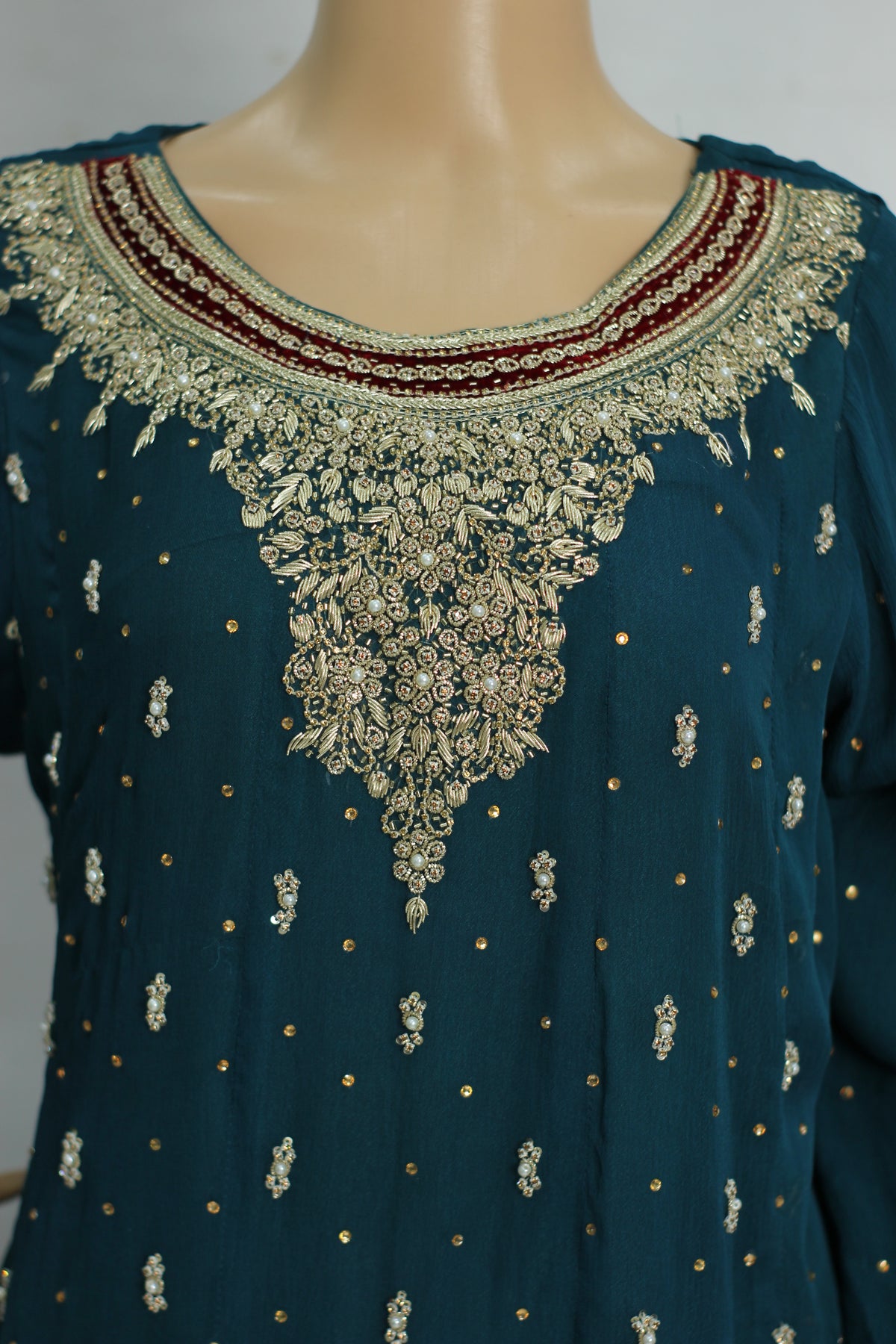 Dark Green Hand Work Chiffon Suit with Red Dupatta and Raw Silk Trouser KF-27184