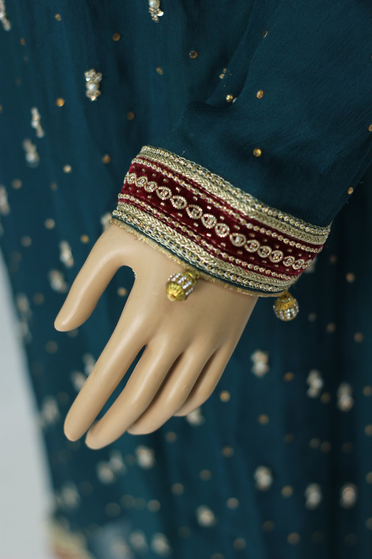 Dark Green Hand Work Chiffon Suit with Red Dupatta and Raw Silk Trouser KF-27184